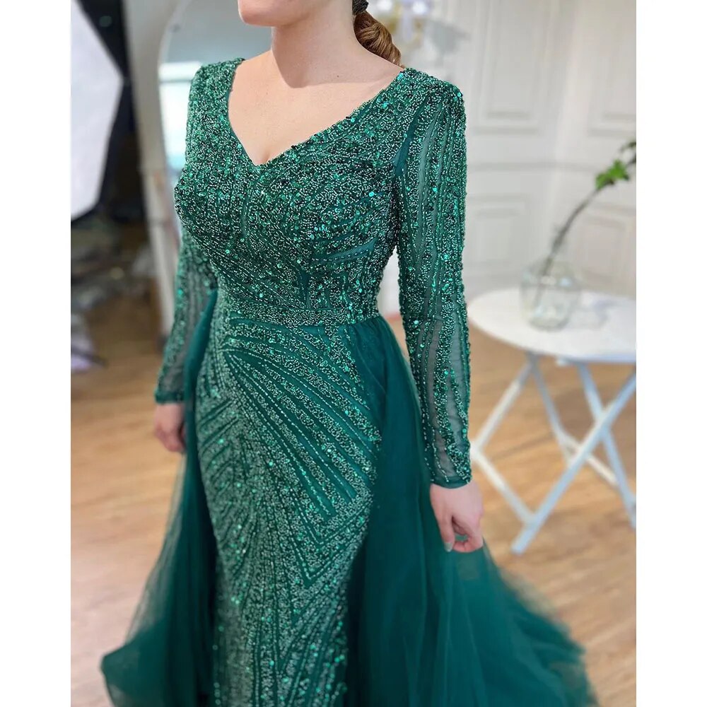 Beaded Green Luxury Evening Dresses with Detachable Tulle Skirt LA71750