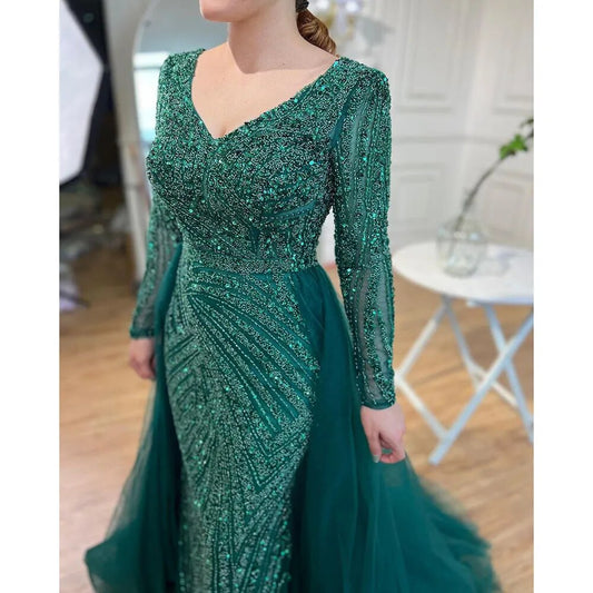 Beaded Green Luxury Evening Dresses with Detachable Tulle Skirt LA71750
