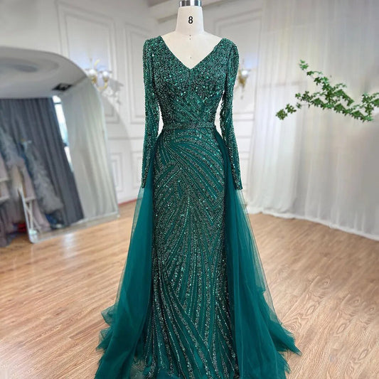 Beaded Green Luxury Evening Dresses with Detachable Tulle Skirt LA71750