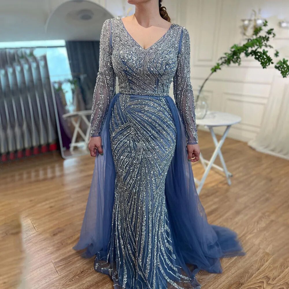 Beaded Green Luxury Evening Dresses with Detachable Tulle Skirt LA71750