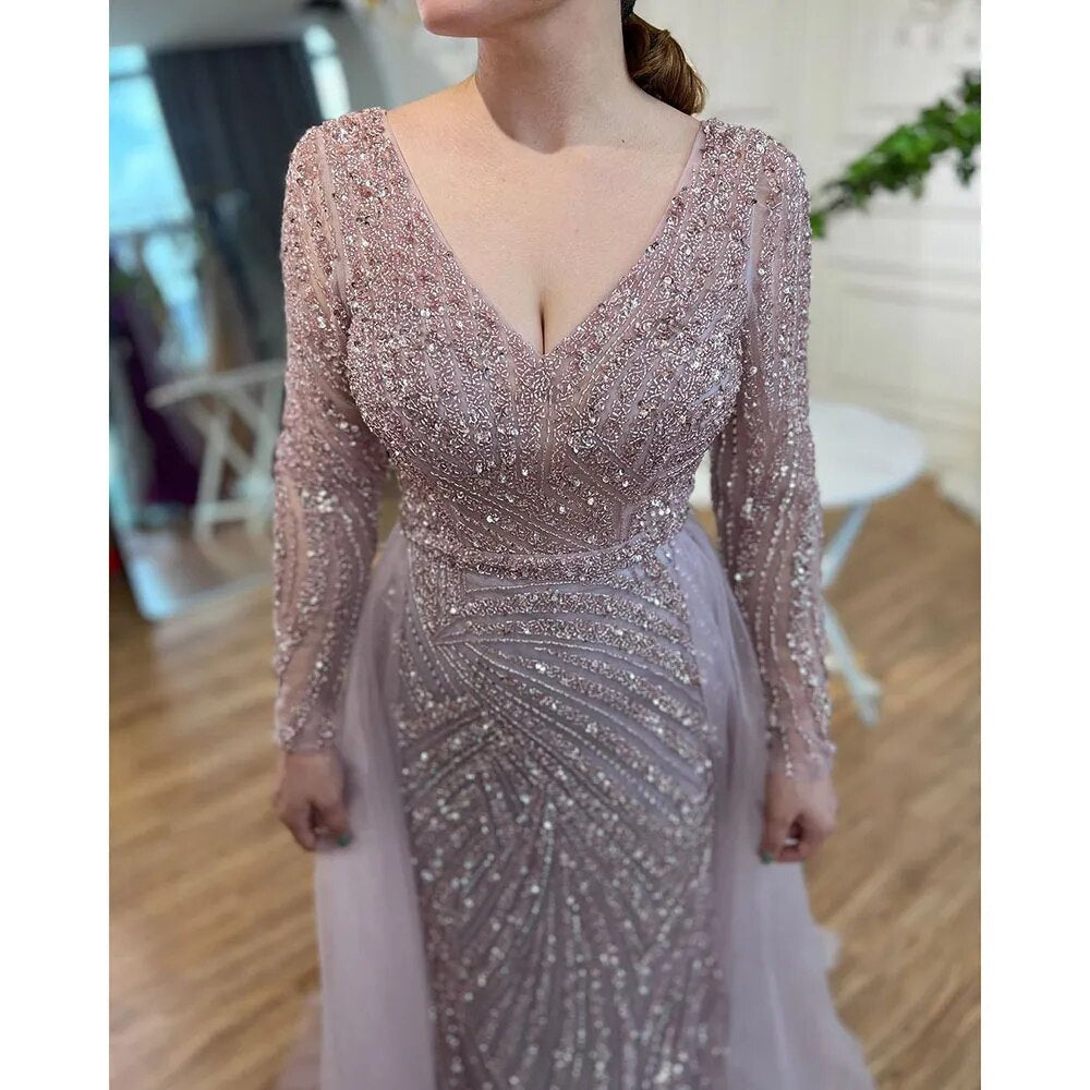 Beaded Green Luxury Evening Dresses with Detachable Tulle Skirt LA71750