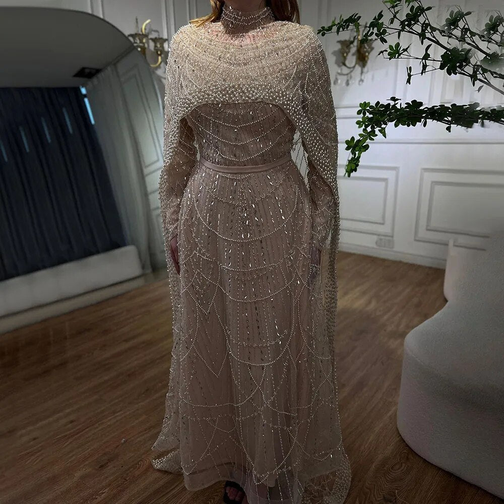 Luxury Modest Pink A-Line Evening Dress with Pearl and Cape LA72032B