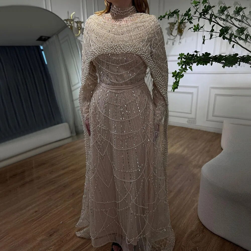 Luxury Modest Pink A-Line Evening Dress with Pearl and Cape LA72032B