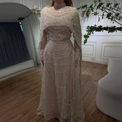 Luxury Modest Pink A-Line Evening Dress with Pearl and Cape LA72032B