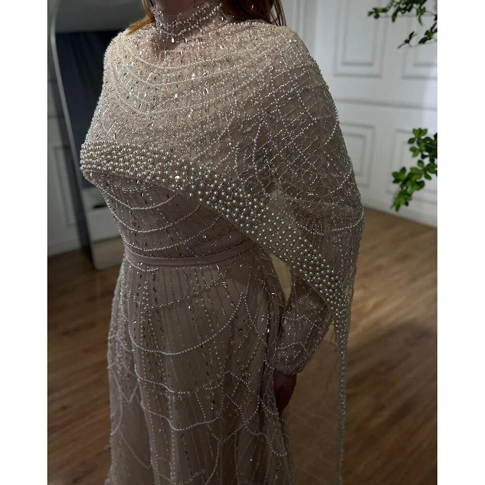 Luxury Modest Pink A-Line Evening Dress with Pearl and Cape LA72032B