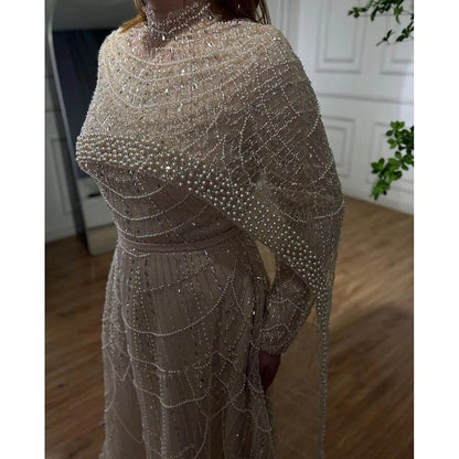 Luxury Modest Pink A-Line Evening Dress with Pearl and Cape LA72032B