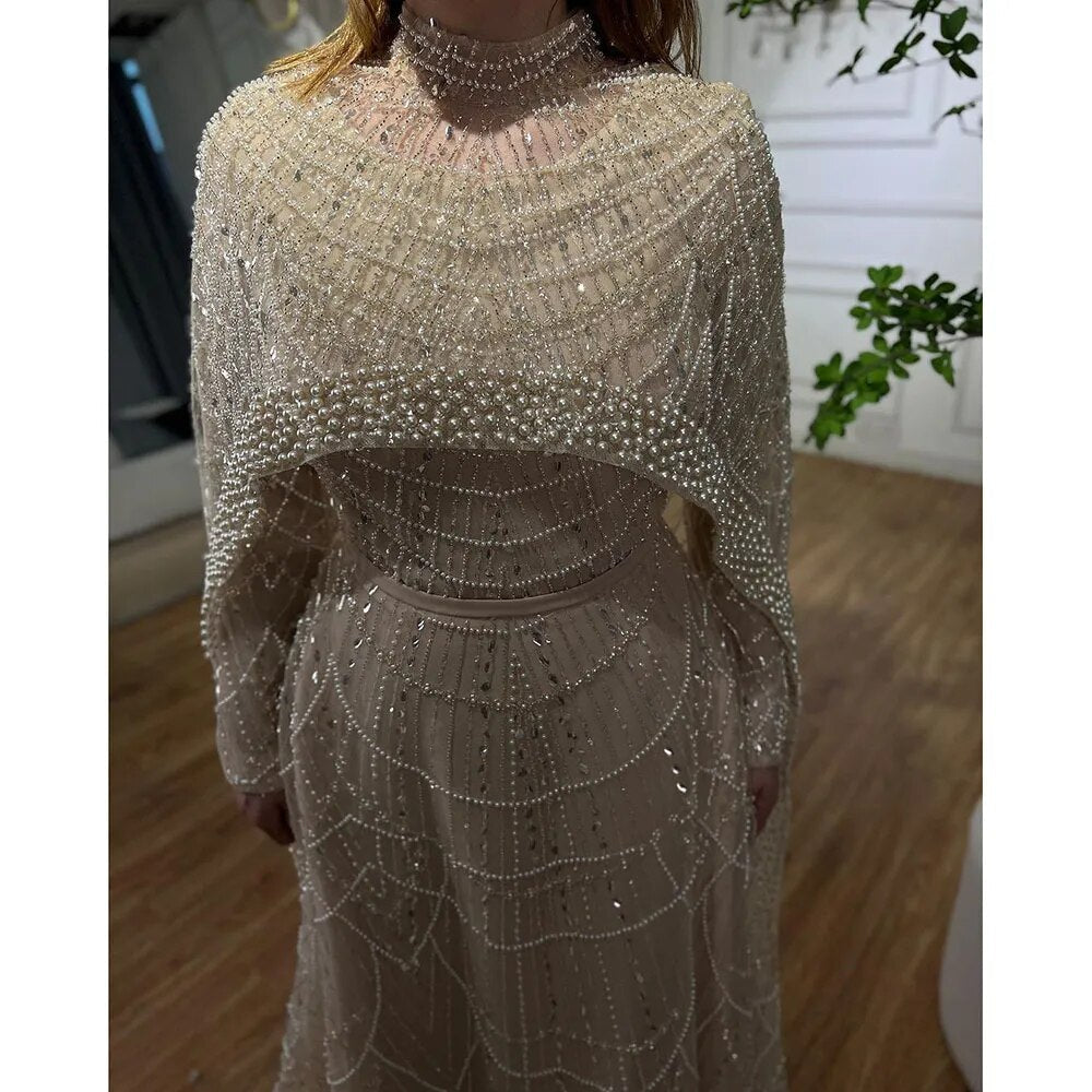 Luxury Modest Pink A-Line Evening Dress with Pearl and Cape LA72032B