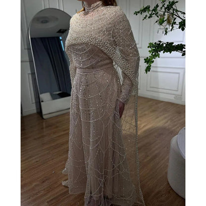 Luxury Modest Pink A-Line Evening Dress with Pearl and Cape LA72032B