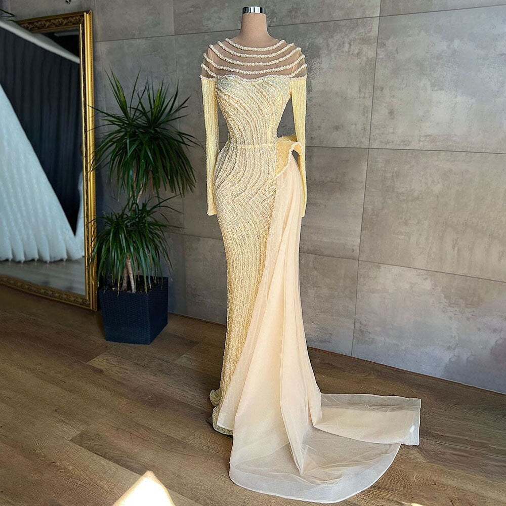 Ivory Mermaid Elegant With Skirt O-Neck Luxury Beaded Evening Gown for Women Party LA71767