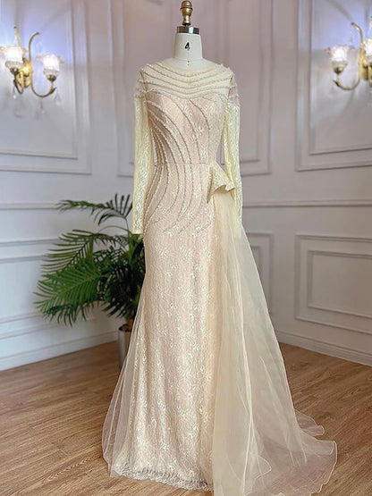 Ivory Mermaid Elegant With Skirt O-Neck Luxury Beaded Evening Gown for Women Party LA71767