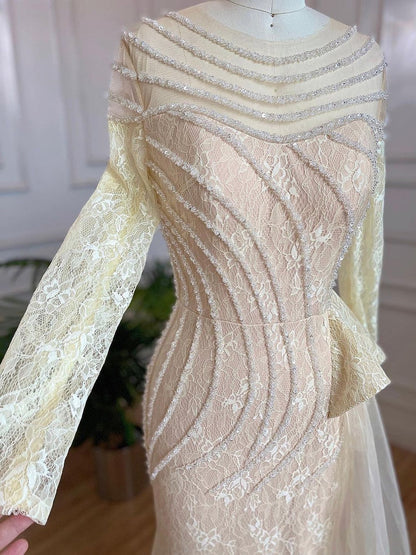 Ivory Mermaid Elegant With Skirt O-Neck Luxury Beaded Evening Gown for Women Party LA71767