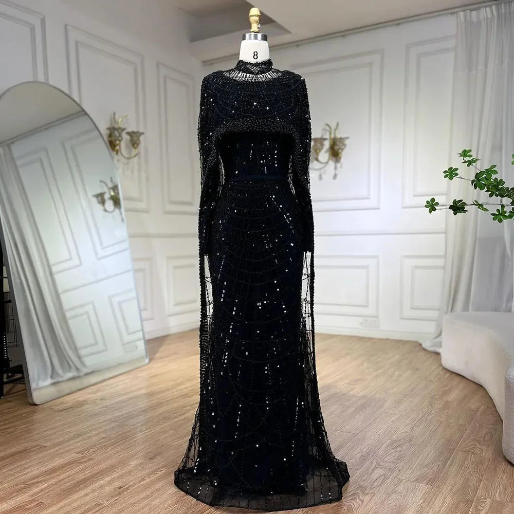 Elegant Modest Beaded Evening Dress with Detachable Cape LA72032M