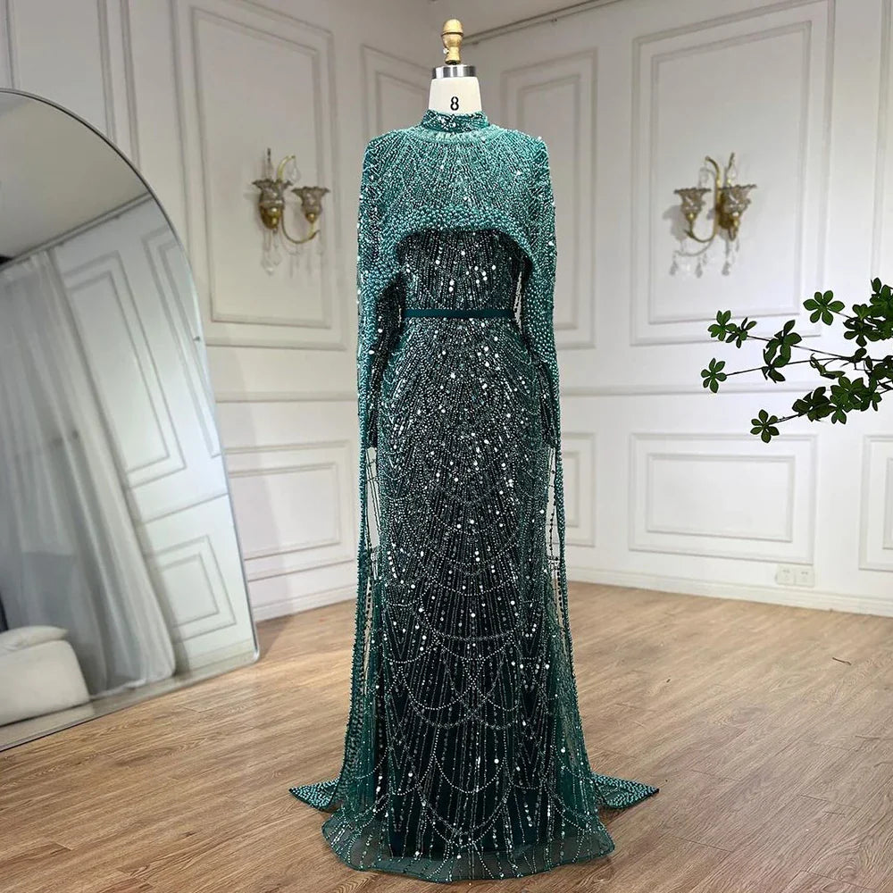 Elegant Modest Beaded Evening Dress with Detachable Cape LA72032M