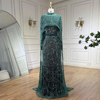 Elegant Modest Beaded Evening Dress with Detachable Cape LA72032M