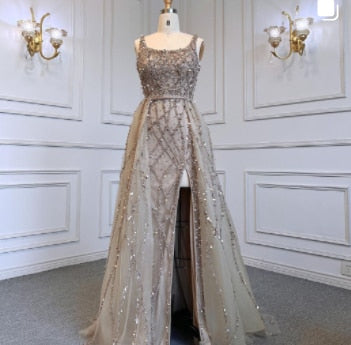 Emermad Green Beaded Mermaid Evening Dress with Slit Gown with Detachable Overskirt LA70765