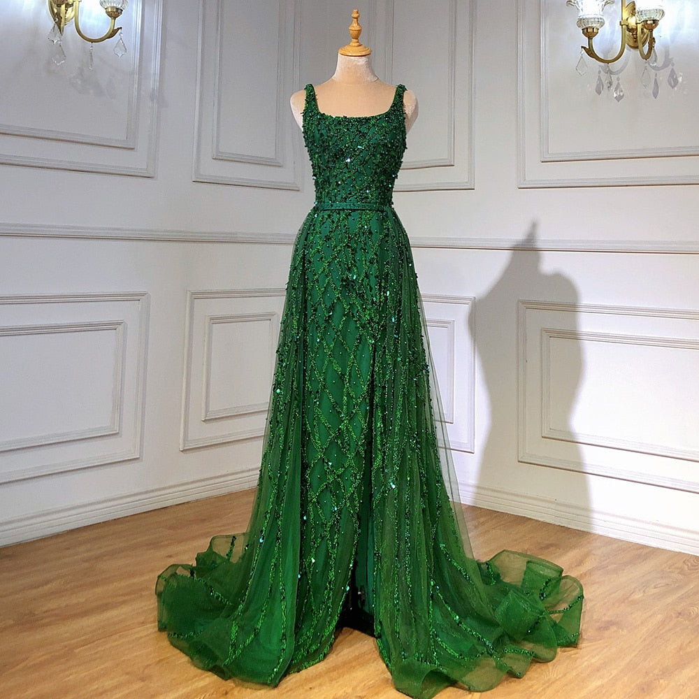 Emermad Green Beaded Mermaid Evening Dress with Slit Gown with Detachable Overskirt LA70765