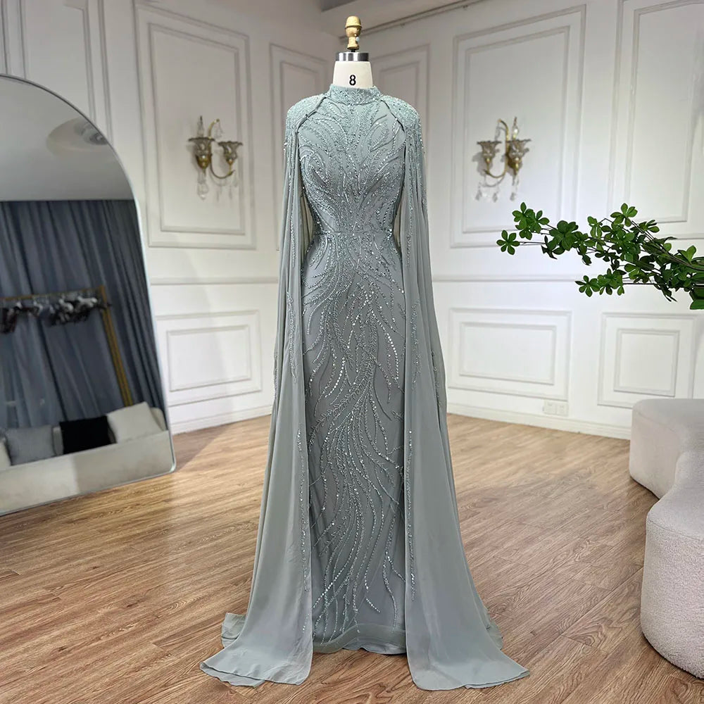 Luxury Modest Pink Evening Dress with Cape Long Sleeves Gown LA72413A
