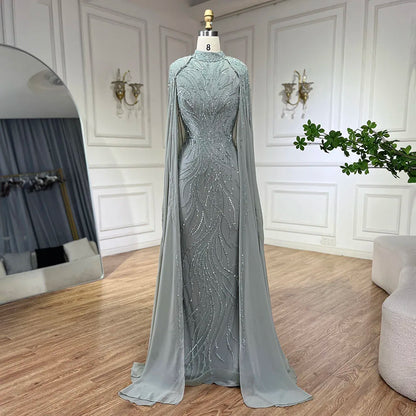 Luxury Modest Pink Evening Dress with Cape Long Sleeves Gown LA72413A