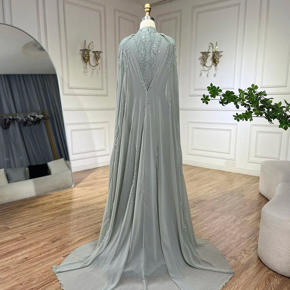 Luxury Modest Pink Evening Dress with Cape Long Sleeves Gown LA72413A