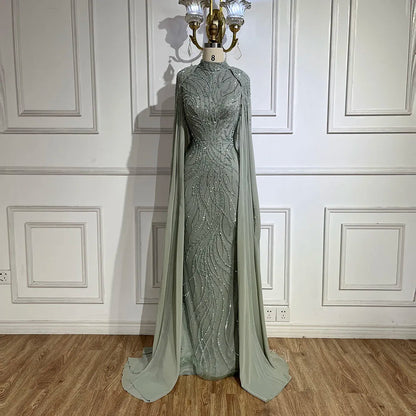 Luxury Modest Pink Evening Dress with Cape Long Sleeves Gown LA72413A