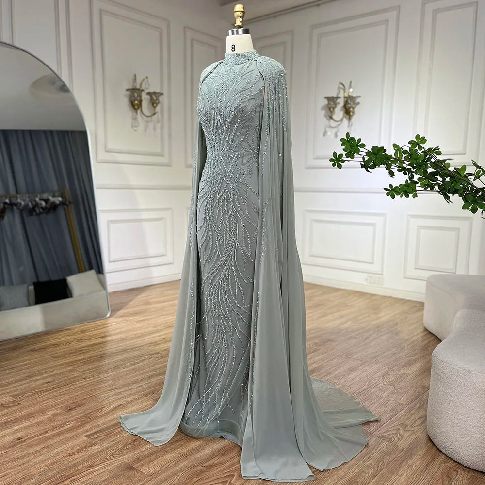 Luxury Modest Pink Evening Dress with Cape Long Sleeves Gown LA72413A