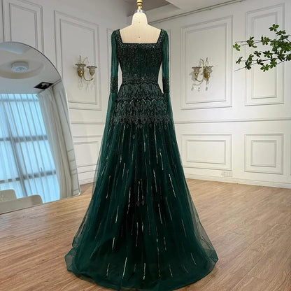 Green A-Line Beaded Evening Dress with Cape Sleeves LA73089