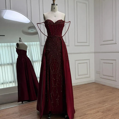 Red Beaded High Slit Evening Gown with Overskirt LA72936