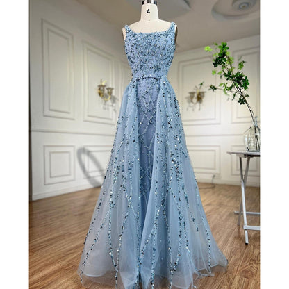 Emermad Green Beaded Mermaid Evening Dress with Slit Gown with Detachable Overskirt LA70765