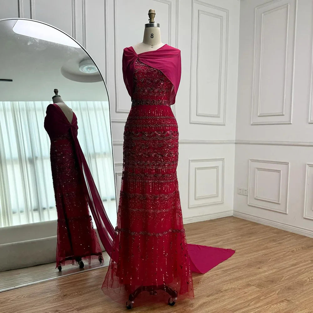 Elegant Sage Green Beaded Evening Dress with Sheer Cape LA72126B