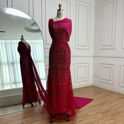 Elegant Sage Green Beaded Evening Dress with Sheer Cape LA72126B