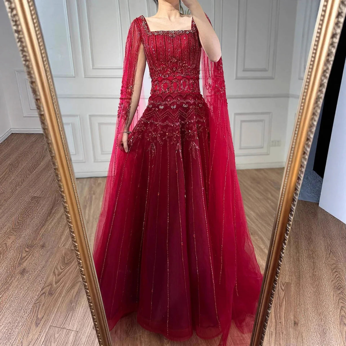 Caramel Beaded A-Line Evening Dress with Cape Sleeves LA73089A