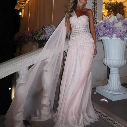 Elegent Pink Floral Beaded Chiffon Evening Dress for Wedding Guest LA73451