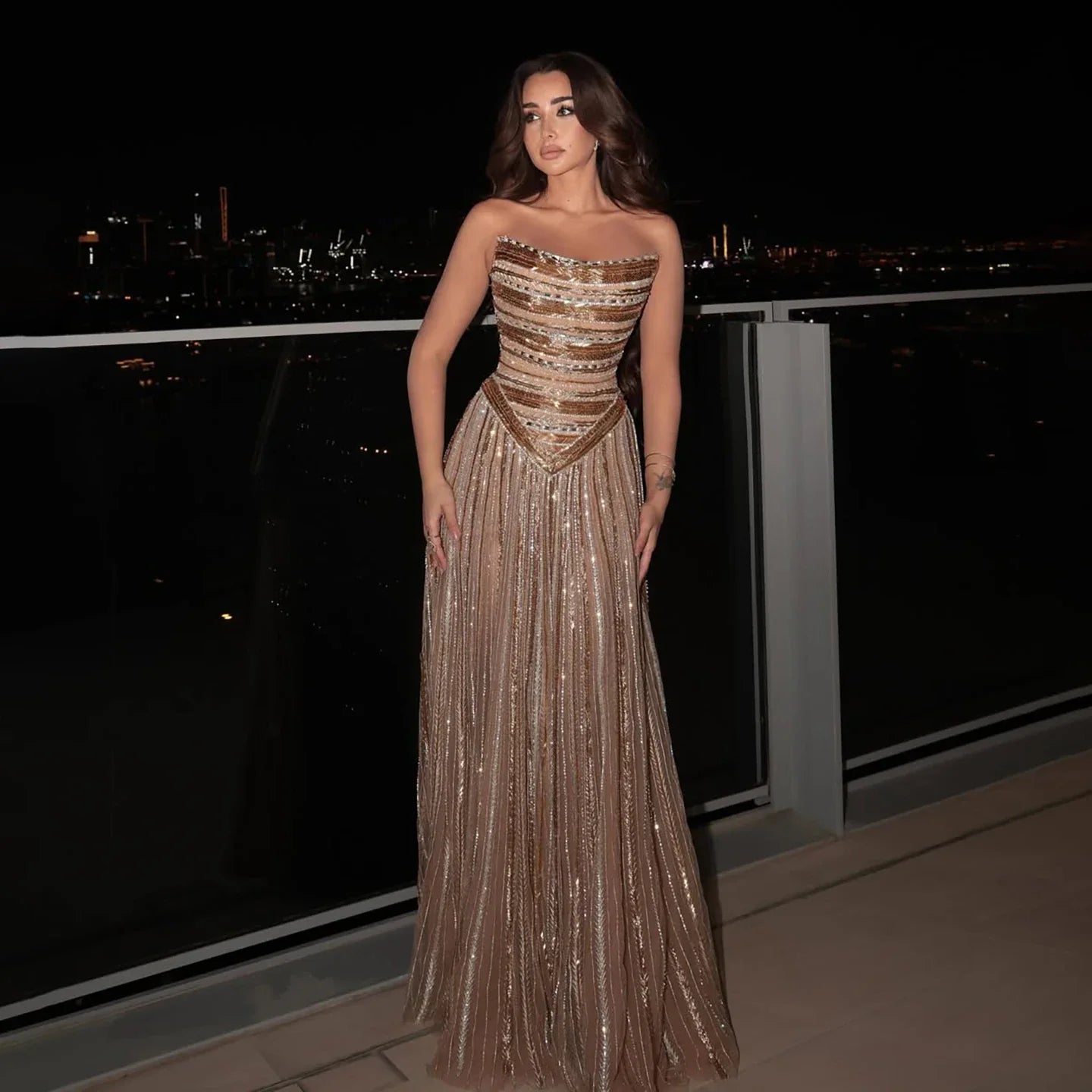 Luxury Caramel Beaded Arabic Style A-Line Strapless Evening Dress LA73359