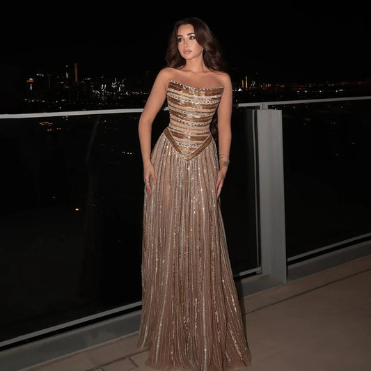 Luxury Caramel Beaded Arabic Style A-Line Strapless Evening Dress LA73359