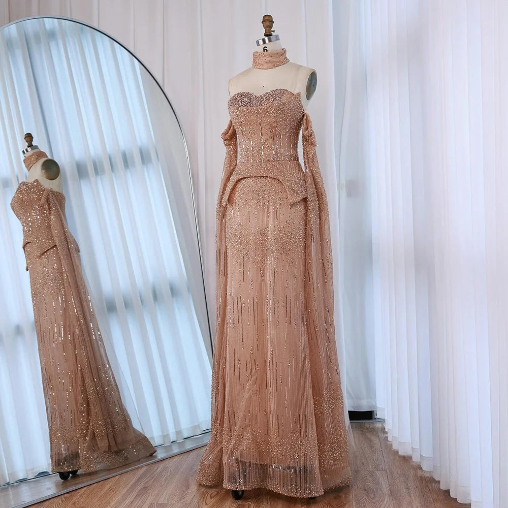 Luxury Gray Beaded Evening Dress with Detachable Sleeves LA73076