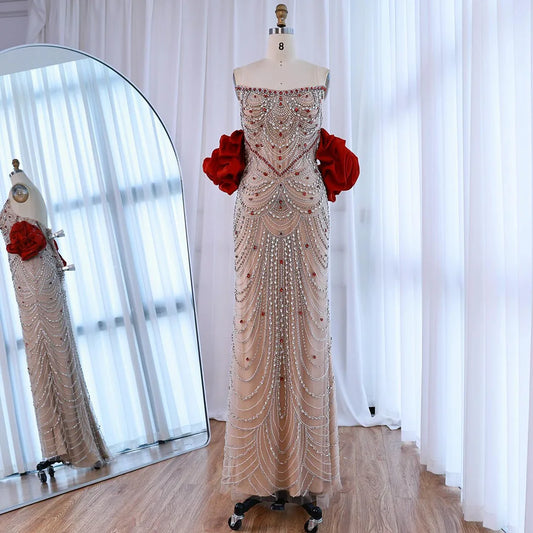 Luxury Red Beaded Evening Dress with Puff Sleeves Pearl Adorned LA72903