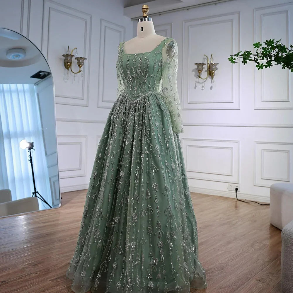 Modest Sage Green Beaded Evening Dress with Long Sleeve LA72805B
