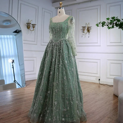 Modest Sage Green Beaded Evening Dress with Long Sleeve LA72805B