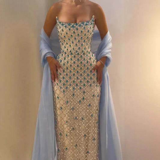 Luxury Blue Strapless Beaded Evening Dress with Scarf LA73226