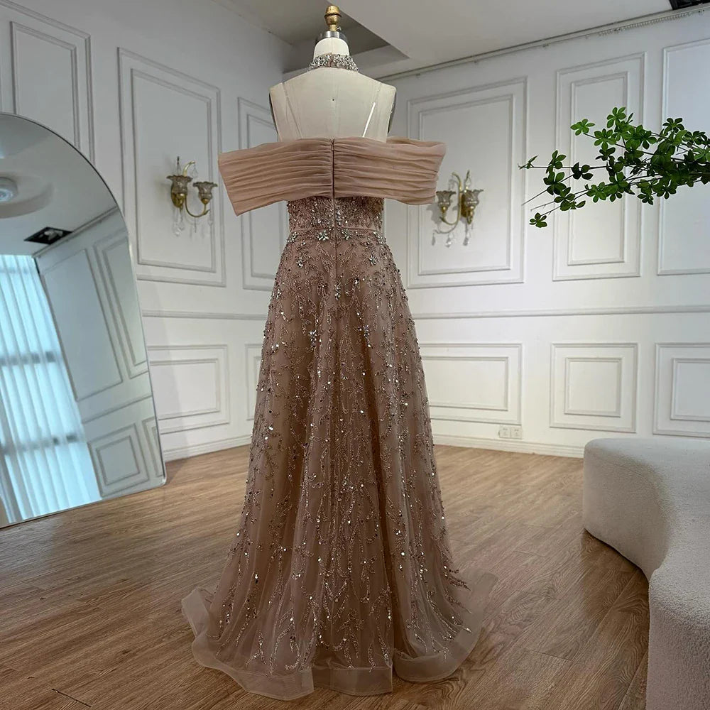 Glamorous Silver Gray Off-the-Shoulder Beaded Evening Dress Ball Gown LA73062