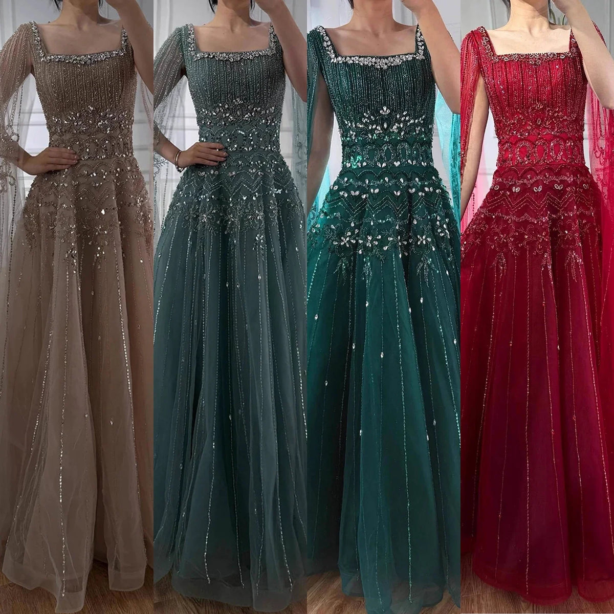 Caramel Beaded A-Line Evening Dress with Cape Sleeves LA73089A