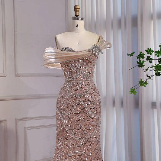 Nude Heady Beaded Off-the-Shoulder Mermaid Evening Dress LA73365A