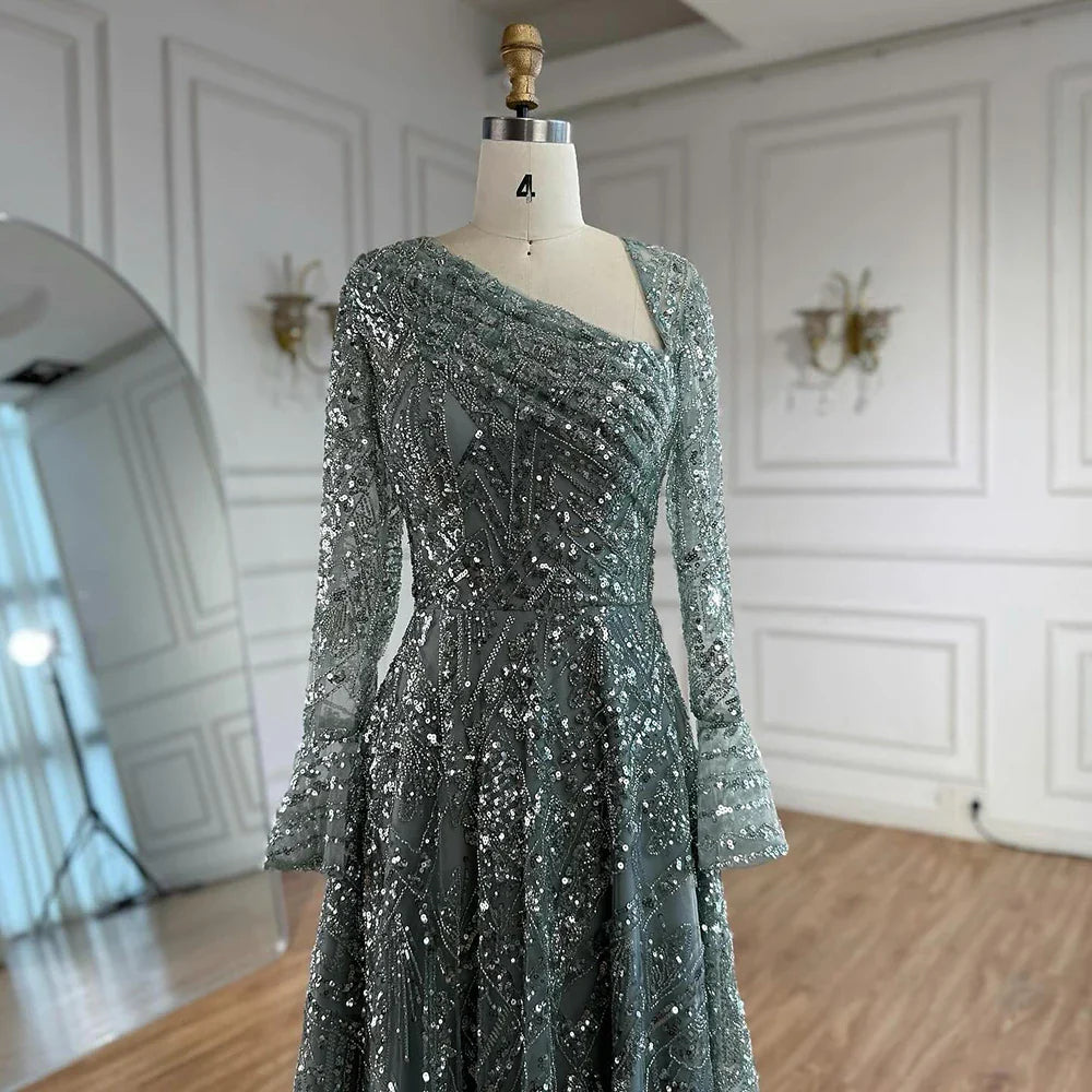 Luxury Turquoise Beaded A-Line Long Sleeve Evening Dress LA73177