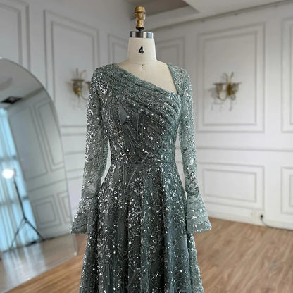 Luxury Turquoise Beaded A-Line Long Sleeve Evening Dress LA73177