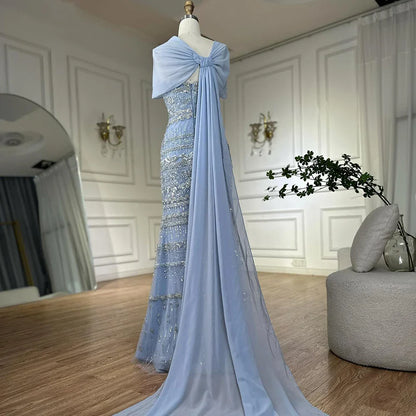 Elegant Sage Green Beaded Evening Dress with Sheer Cape LA72126B
