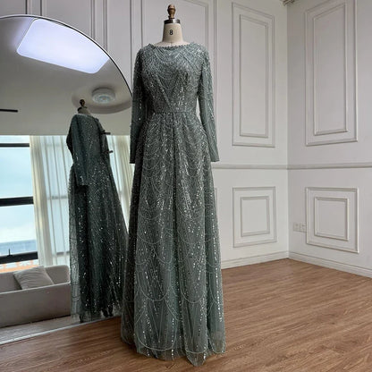 Olive Green Beaded A-Line Modest Evening Dress Plus Size LA72738B