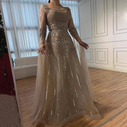 Green A-Line Beaded Evening Dress with Cape Sleeves LA73089