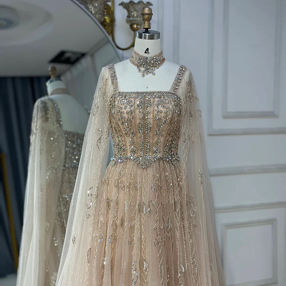 Luxury Cape Sleeve Nude A-Line Crystal Beaded Arabic Evening Dress LA72764