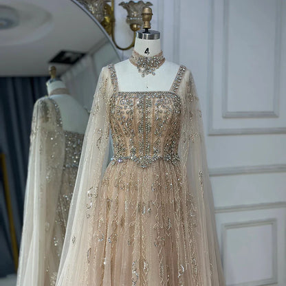 Luxury Cape Sleeve Nude A-Line Crystal Beaded Arabic Evening Dress LA72764