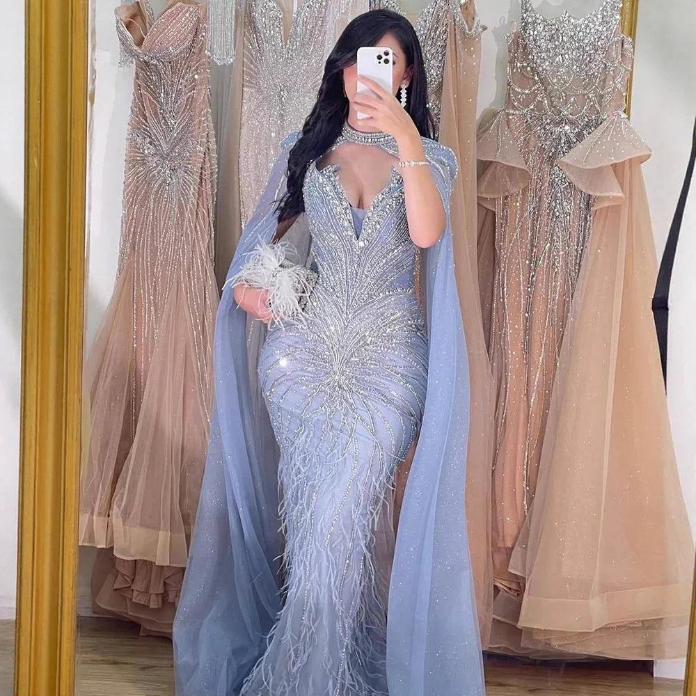 Luxury Caramel Feathers Beaded Evening Dress with Cape for Formal Occasion LA72882
